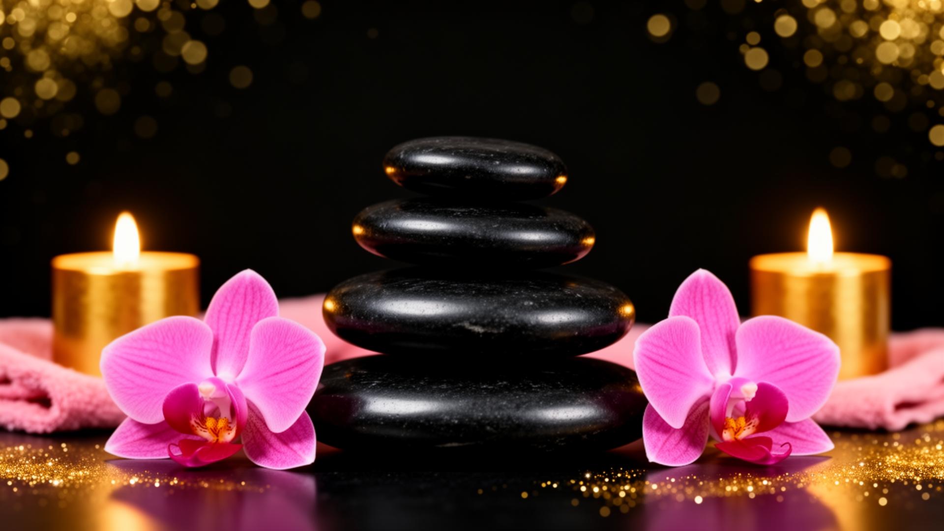 Luxury mobile massage stones, orchids and golden candles